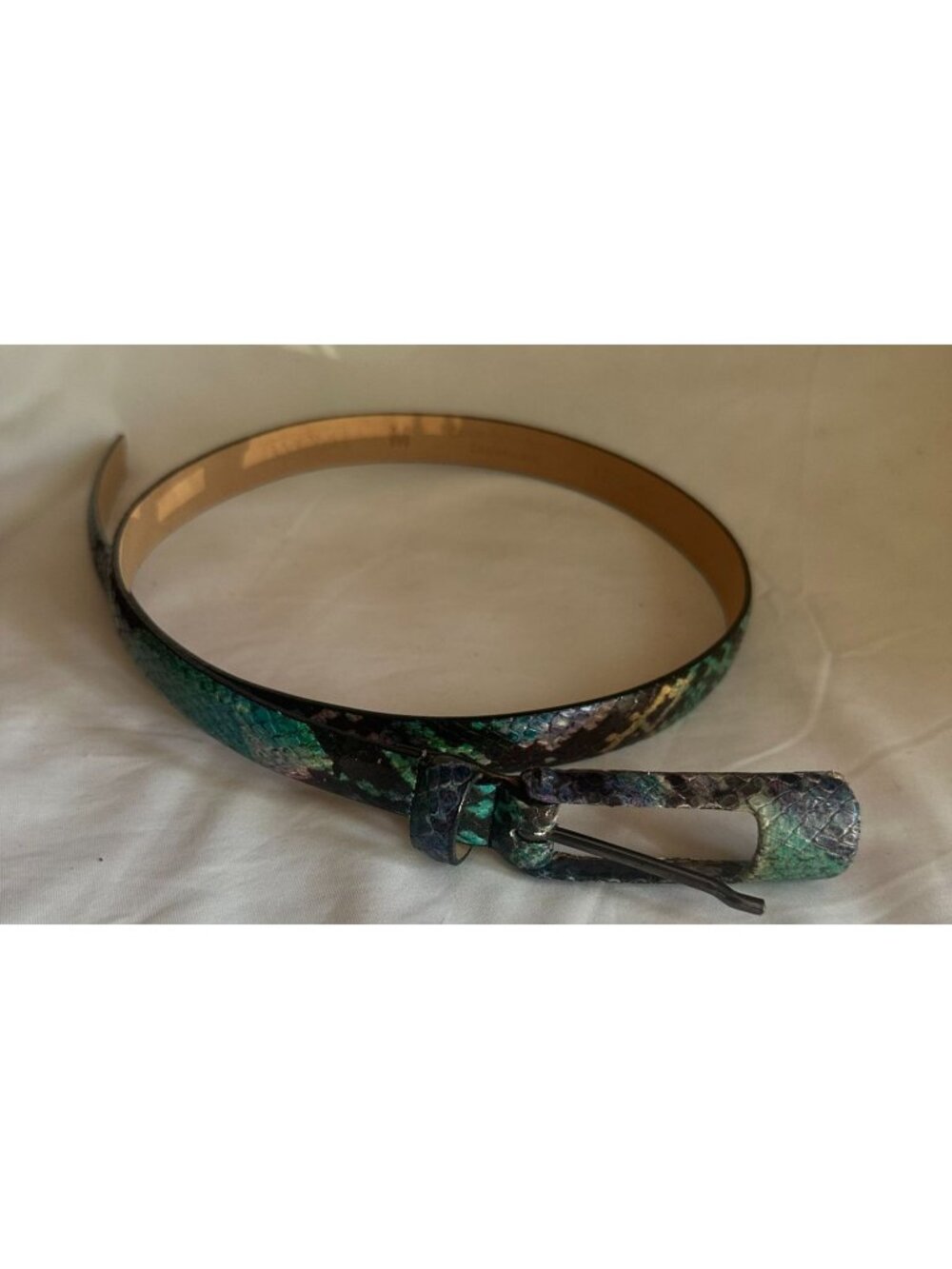 Vintage WCM New York snakeskin / python belt in blue and green. Real leather. Si